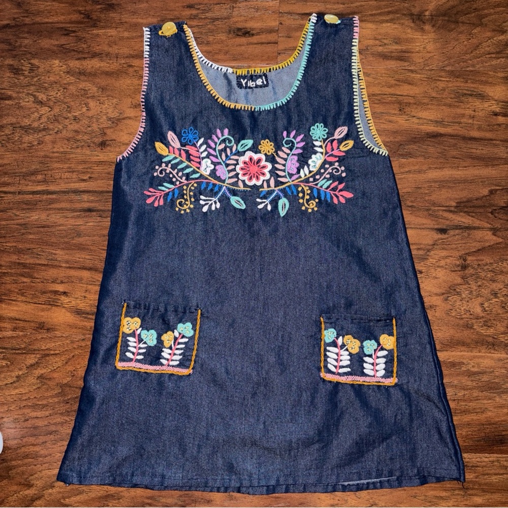 Girls' Dark Blue Denim Embroidered Sleeveless Dress